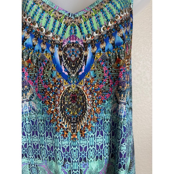 Venus XL Cami Top Blue Boho Embellished Beaded Strappy Back Medallion Print Art - Picture 3 of 11
